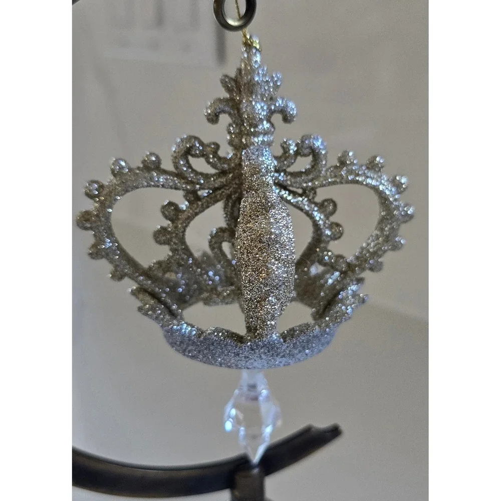 New Kurt Adler Gold Silver Glitter Crown Christmas Ornaments Crystals Set of 2